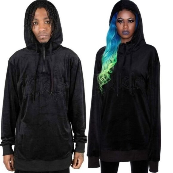 Killstar “Fester” Hoodie – M Black Velour Unisex Pullover w/ Oversized Hood - Picture 1 of 7